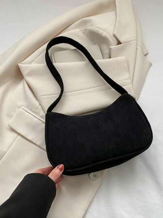 1 Pc Solid Color Corduroy Zipper Closure Fashion Shoulder Bag, Perfectly Matching With Fall Outfits Women Fall Clothes For Women