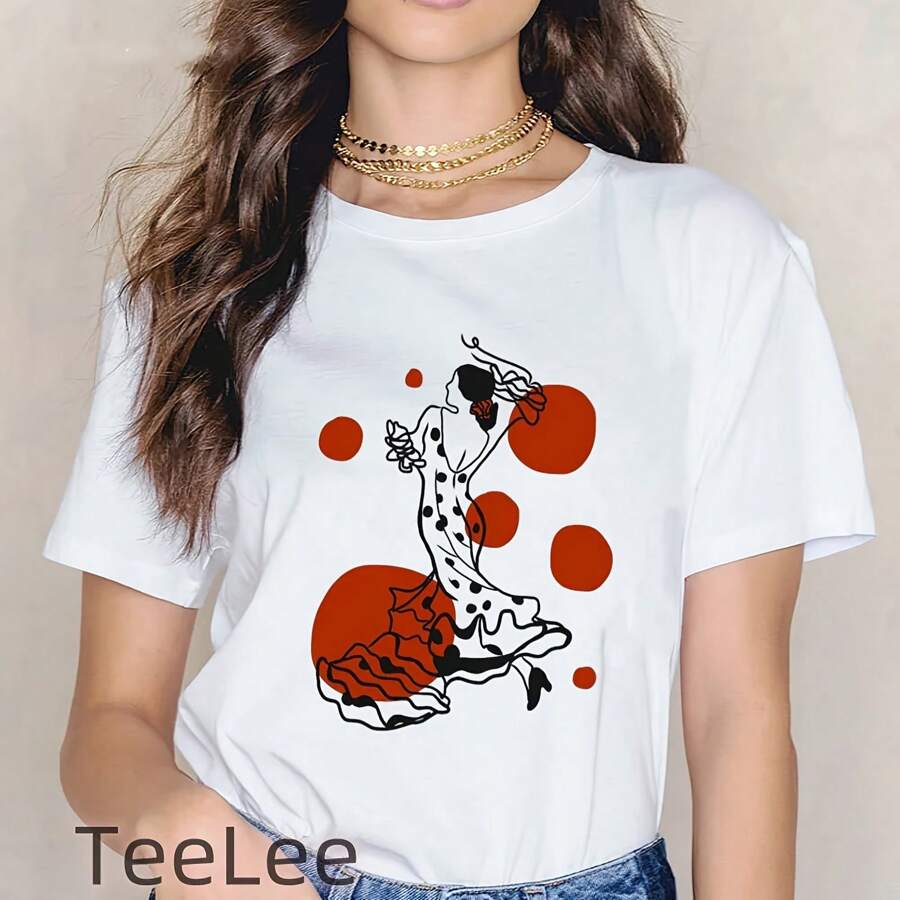 Flamenco Flamenca Spain T-Shirts Women Print Dancer Tops Tee Summer Manga T-Shirt Ladies Graphic Funny T-Shirt Female - White - View 1