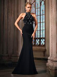 QOQ Stylish Elegant Diamante Embellished Slit Women Gown Dresses For Formal Dinner Party - Black - View 6