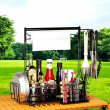 BBQ And Grill Caddy With Paper Towel Holder, Iron Steel Handle & 4 Hooks – Camper Accessories Condiment Caddy – Plates, Cutlery And BBQ Organizer For Camping Outdoor Grilling Tool Accessories