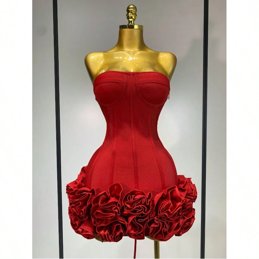 QueenLine Handmade Sexy Strapless Backless Floral Embellished  Celebrity  Mini Bandage Bodycon Dress - Red - View 1