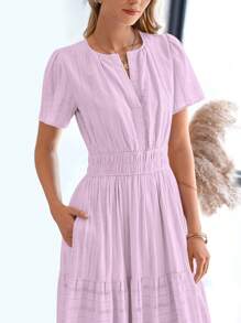 Womens Summer Maxi Dresses Short Sleeve High Waist Tiered Flowy A-Line Boho Bohemian Beach Long Dress Holiday Vacation Beach Valentine Long Dress Outfit - 淺粉紫色 - 查看 5