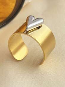 Minimalism Gold And Silver Color Large Heart Cocktail Ring Adjustable Y2k Heart Cuff Ring In Two-Tone Mixed Metals Jewelry - Gold - View 4