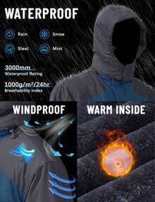 KEFITEVD 冬季夹克男式防水羊毛夹克雪地滑雪夹克军用战术夹克外套派克大衣连帽雨衣滑雪服 - 牛仔藍 - 查看 4