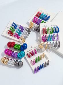 1 Set Of 9 Pairs Fashion Metal-Color Acrylic Asymmetrical C-Shape Hoop Earrings Set, Suitable For Daily Wearing For Women