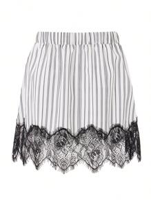 Women's Fashion Mini Skirts Stripe Lace Patchwork Elastic Waist Short Skirts Summer Casual Skirts - Ngà voi - Xem 10