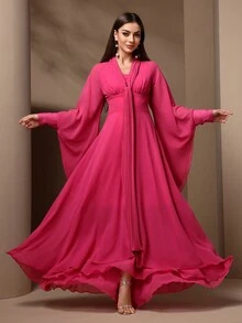 女士优雅纯色蝙蝠袖连衣裙 - 玫紅色 - 查看 3