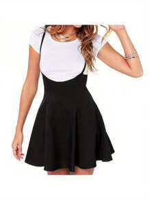Fashionable Women Mini Suspender Skirt, Solid Color Sleeveless Low Cut Sling Skirt For Autumn - màu đen - Xem 3