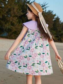 ASK JUNIOR Tween Girls[Flowers]女童连衣裙夏季儿童裙子透气时尚蝴蝶结领公主裙 - 紫色 - 查看 5