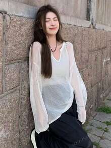 Women's Hollow Out Knit Cover Up, Loose Fit Summer Lightweight Cover Up Top, Vertical Stripe V-Neck Design, Semi-Sheer