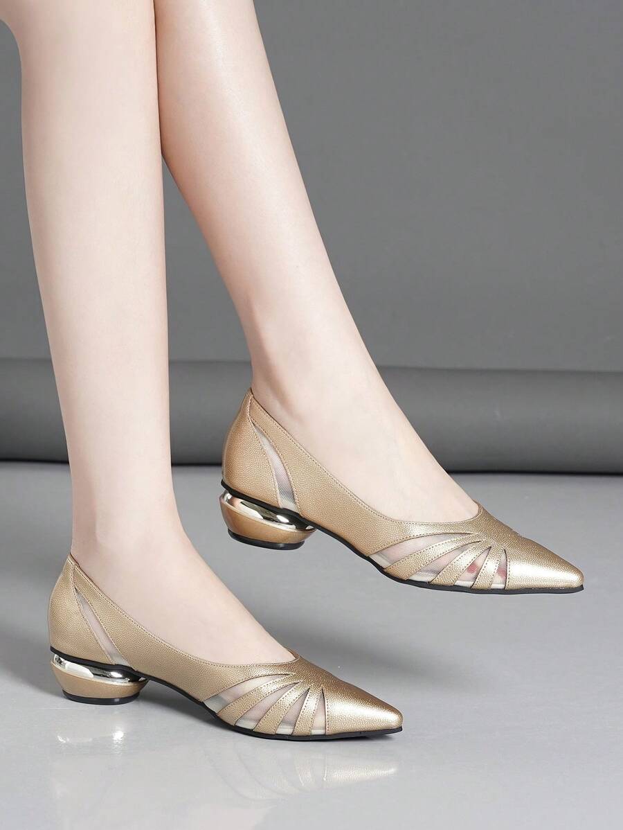 Women's Chunky Heel Pointed Toe Pumps With Floral Rhinestone & Mesh Decor, Mid Heel - Gold - View 1