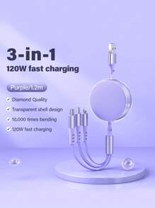 Durcord Kabel do szybkiego ładowania 3 w 1 i chowany kabel 120 W, ładowarka samochodowa, kompatybilna z popularnymi markami, takimi jak Vivo/OPPO, i zintegrowana z interfejsami IOS/Android/Type-C - szybka i bezpieczna przenośna ładowarka do telefonów, tabletów i laptopów - certyfikat MFI, kabel zapewniający doskonałą trwałość, kompaktowa i lekka konstrukcja
