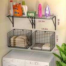 2 Pack Laundry Room Shelves, Wire Baskets With 8 Hooks, Over Washer And Dryer Shelf, Wall Mounted Storage And Clothes Drying Rack, Black,Spring,Minimalist,Summer Tops