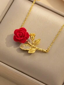 1 件新款时尚法式浪漫红玫瑰花项链，女士，酒红色，微镶嵌锆石花卉吊坠颈链 - 項鍊 - 查看 3