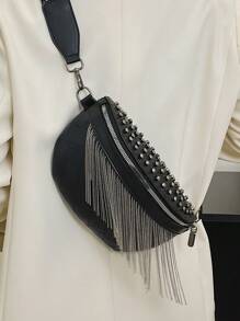 1pc Fashion Fringe Chain Rivet Chest Bag/Waist Pack/Crossbody Bag, Perfect For Rodeo Occasion, Western Purse For Women - Black - View 4