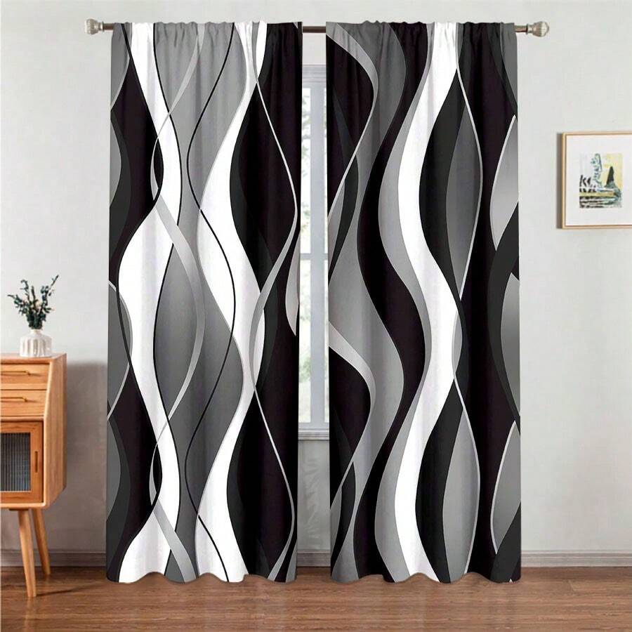 2 piezas Cortinas de diseño de línea de arte abstracto moderno - Diseño de bolsillo para barra, equilibra la privacidad, fácil instalación, adecuado para dormitorio, sala de estar, baño y otras decoraciones diarias, lavable a máquina, impresión digital, 100% poliéster, 90 g/m² - Multicolor - Ver 1