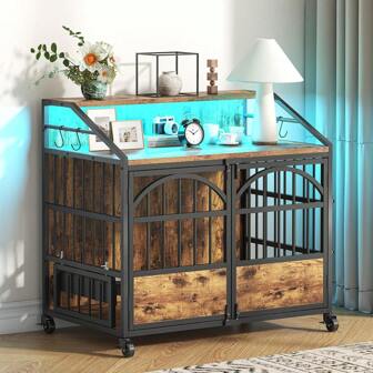 44 Inch Heavy Duty Dog Crate Furniture, Dog Kennel With Bowls & Wheels, Wood Dog Cage End Table With Led Light, Decorative Pet Crate Dog Cage For Large/Medium/Small Dogs (44.1" L*26.8W*37.8" H)