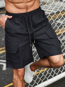 Men's Casual Cargo Shorts - Stylish Streetwear, Solid Color, Side Pocket And Adjustable Drawstring Belt, Polyester, Machine Washer, Loose Fitting Shorts | Sporty Look Shorts | Woven Shorts