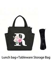 2 pièces/Set Sacs isothermes imprimés avec lettres A-Z et boîte de rangement pour couverts, sac à lunch à double poche