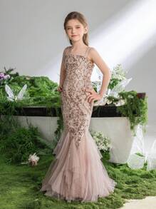 Tween Girls Enchanting Children's Gown With Sequin Embroidery - Pastel Pink Spring Ensemble For Birthday Parties & Flower Girl Ceremonies(Easter Dress Girls) - Champagne - View 6