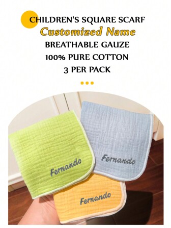 [Custom Made, Personalized] 3pcs Customized Baby Bibs, Colorful Cotton Multi-Purpose Child Handkerchief, Children's Pocket Towel, Baby Face Towel, Embroidered Name Customization, Christmas, New Year Holiday Gift Preferred