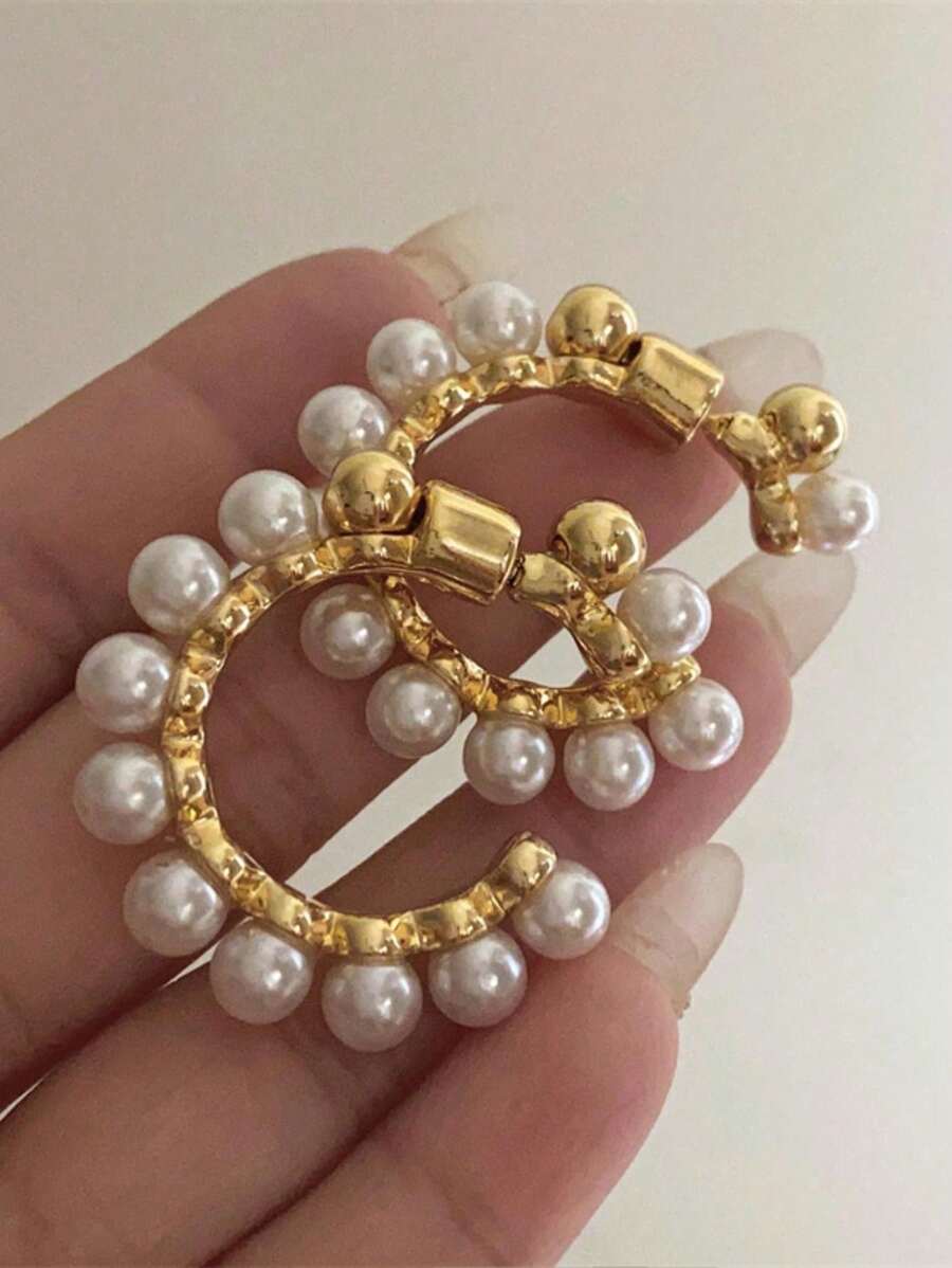 1 对 C 形金属珍珠耳环,夸张欧美风格时尚个性耳环,可两种方式佩戴,女士珠宝配饰,适合派对婚礼 - 金色 - 查看 1