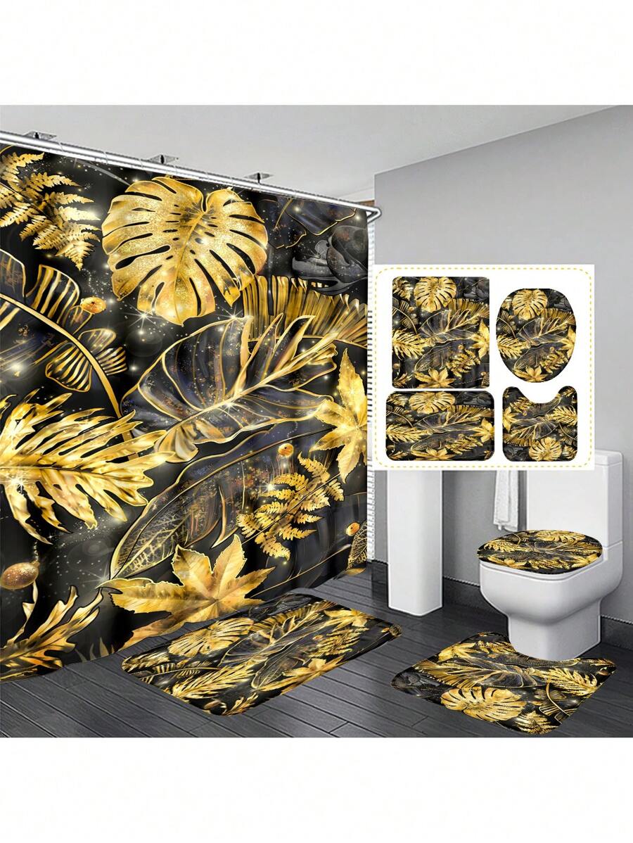 1pc/4pcs Tropical Green With Gold Edges Plant Banana Leaf Bathroom Set, Waterproof Shower Curtain With 12 Hooks, Bath Mat, Toilet U-Shaped Pad, Toilet Lid Cover, Bathroom Divider, Bathroom Accessories, Bathroom Decor