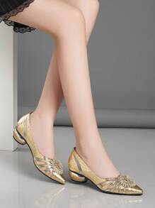 Fall/Winter 2025 Women's Chunky Heel Pointed Toe Pumps With Floral Rhinestone Mesh Decor, Mid-Heel,Elegant,Party Outfits - Gold - View 4