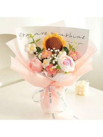1 pièce Fleurs de rose, de tournesol et de gypsophile tricotées à la main, idéales pour Pâques et la Fête des Mères