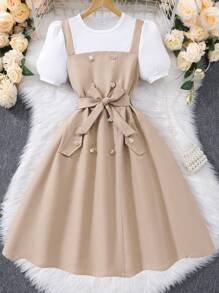 Tween Girls Summer Double Breasted Suspender Dress With Short Sleeves, 2 In 1 Style