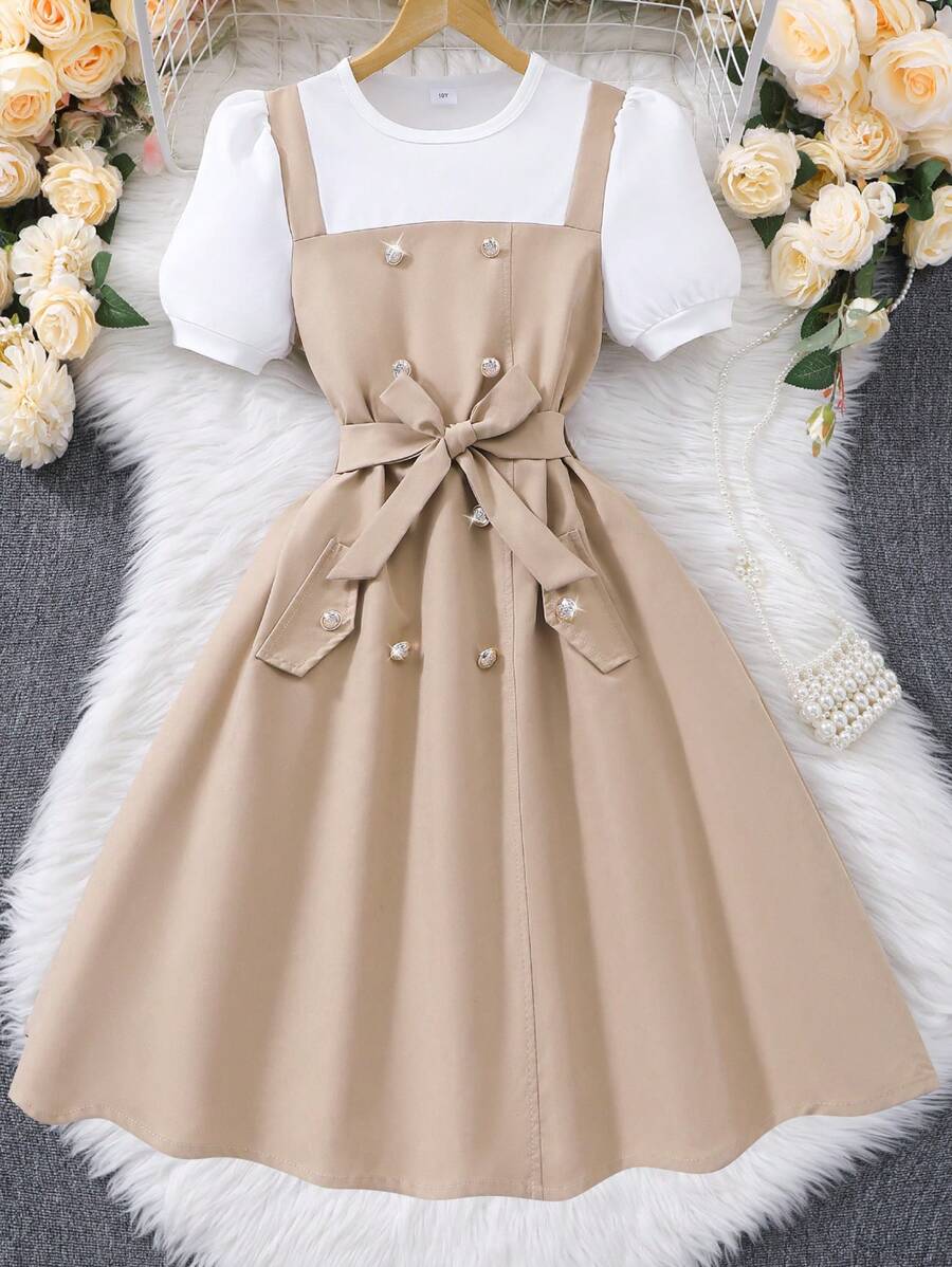 Tween Girls Summer Double Breasted Suspender Dress With Short Sleeves, 2 In 1 Style