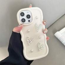 One Dopamine Macaron Big Wave Geometric Faux Pearl Heart Phone Case Compatible With IPhone 16/Redmi Note 11 4G/Galaxy A55/Infinix Note 30/Motorola Moto E30