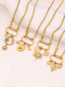 1 pieza Collar de mujer con colgante de luna y corazón, con hebilla de cierre de acero inoxidable, collar de cadena con dijes de flores, regalo del Día de San Valentín