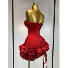 QueenLine Handmade Sexy Strapless Backless Floral Embellished  Celebrity  Mini Bandage Bodycon Dress - Red - View 5