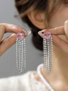 1 Pair Cubic Zirconia Heart Tasseled Earrings, Suitable For Daily Wear