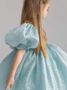 年轻女孩优雅亮片泡泡袖蝴蝶结后背深 V 连衣裙，公主裙适合儿童生日礼物、派对、宴会、舞会、婚礼花童、节日庆祝服装 - 淺藍色 - 查看 4