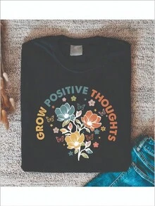 Plant Pattern Women's Single Side Printed Short Sleeve T-Shirt Round Neck Summer Fashion Solid Basic T-Shirt Tops Casual Summer Shirts - Black - View 1