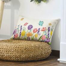 1 PIEZA Funda de cojín decorativa de primavera con flores de tulipán, lavanda, eucalipto y mariposas, de 12 in * 20 in, para sofá, sin relleno