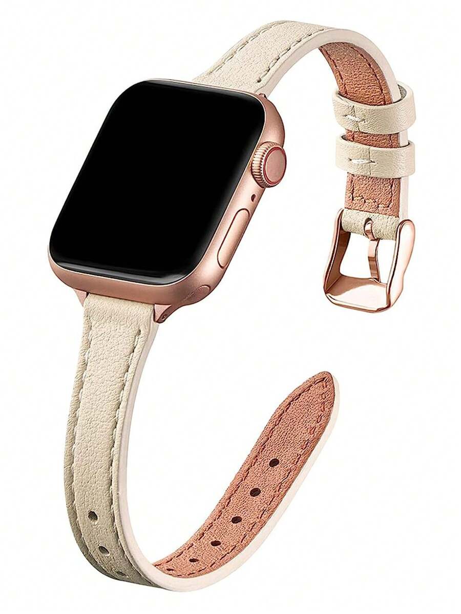 1 Dây đeo đồng hồ bằng da dành cho nữ, tương thích với dây đeo Apple Watch Ultra/Se/8/7/6/5/4/3/2/1, Thiết kế eo Lim, Kích thước 38/40/41/42/44/45/49mm - Màu trắng nhạt + vàng hồng - Xem 1