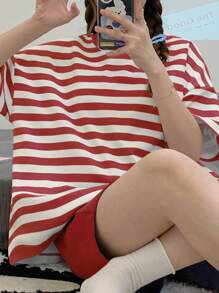 AICJ 2pcs Women Casual Set, Spring/Summer, Drop Shoulder Striped Short Sleeve Shirt & Shorts, Comfortable Loungewear, Suitable For Indoor/Outdoor Use, Two Pieces Set