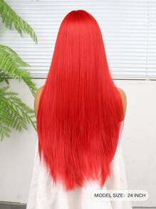 24 英寸红色直发带刘海合成纤维耐热假发全机器制造，适合日常聚会，高品质女士天然美丽合成柔软假纤维头发 - 紅色 - 查看 5