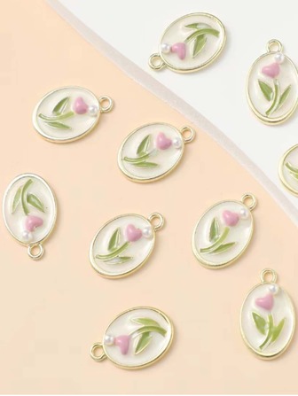 Set de 10 piezas Pendientes con forma de flor ovalada de tulipán de aleación con efecto de goteo de aceite, para manualidades de joyería y hacer collares