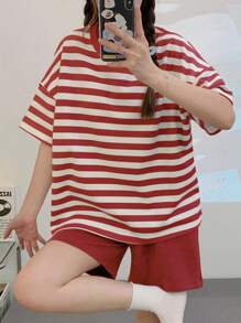 AICJ 2pcs Women Casual Set, Spring/Summer, Drop Shoulder Striped Short Sleeve Shirt & Shorts, Comfortable Loungewear, Suitable For Indoor/Outdoor Use, Two Pieces Set