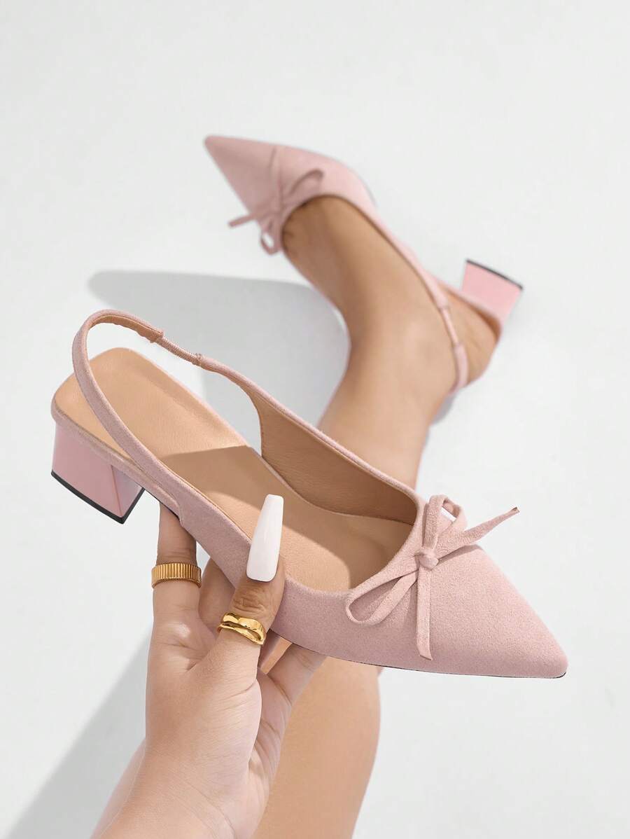 女士纯色闭趾蝴蝶结装饰细高跟露跟鞋，时尚舒适粗跟鞋，适合正式场合、派对、通勤、秋冬季节，浅粉色绒面革，优雅