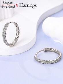 1 对女士优雅镀银/镀白金环形耳环，高品质闪亮锆石镶嵌编织图案珠宝礼物，适合日常、派对、宴会配饰 - 銀色 - 查看 5