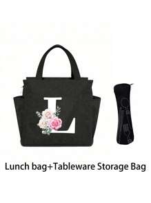 2 pièces/Set Sacs isothermes imprimés avec lettres A-Z et boîte de rangement pour couverts, sac à lunch à double poche