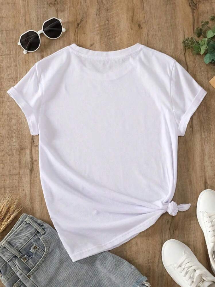Women's Short-Sleeved T-Shirt For Spring/Summer, Printed Pants, Cow Head Construction, Roses, Alphabet Print Casual T-Shirt - White - View 2