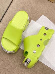 New Summer Original Versatile Women Strap Slides Fashion Platform Non-Slip Personalized Rivet Design Ladies Flat Sandals - Green - View 4