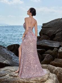 ADYCE Sequined Spaghetti Strap High Waist Front Slit Open Back Tie Strap Party Dress, Wedding Guest Dress, Formal Dress, Evening Dress - Dusty Pink - View 2