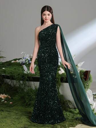 Tonårsflickor med enaxlad sjöjungfruklänning i paljett för flickor - Transparent chiffongklänning med drapering och elegant fiskbenskant - Perfekt för galor, prisutdelningar, bröllopsgästkläder och festevenemang